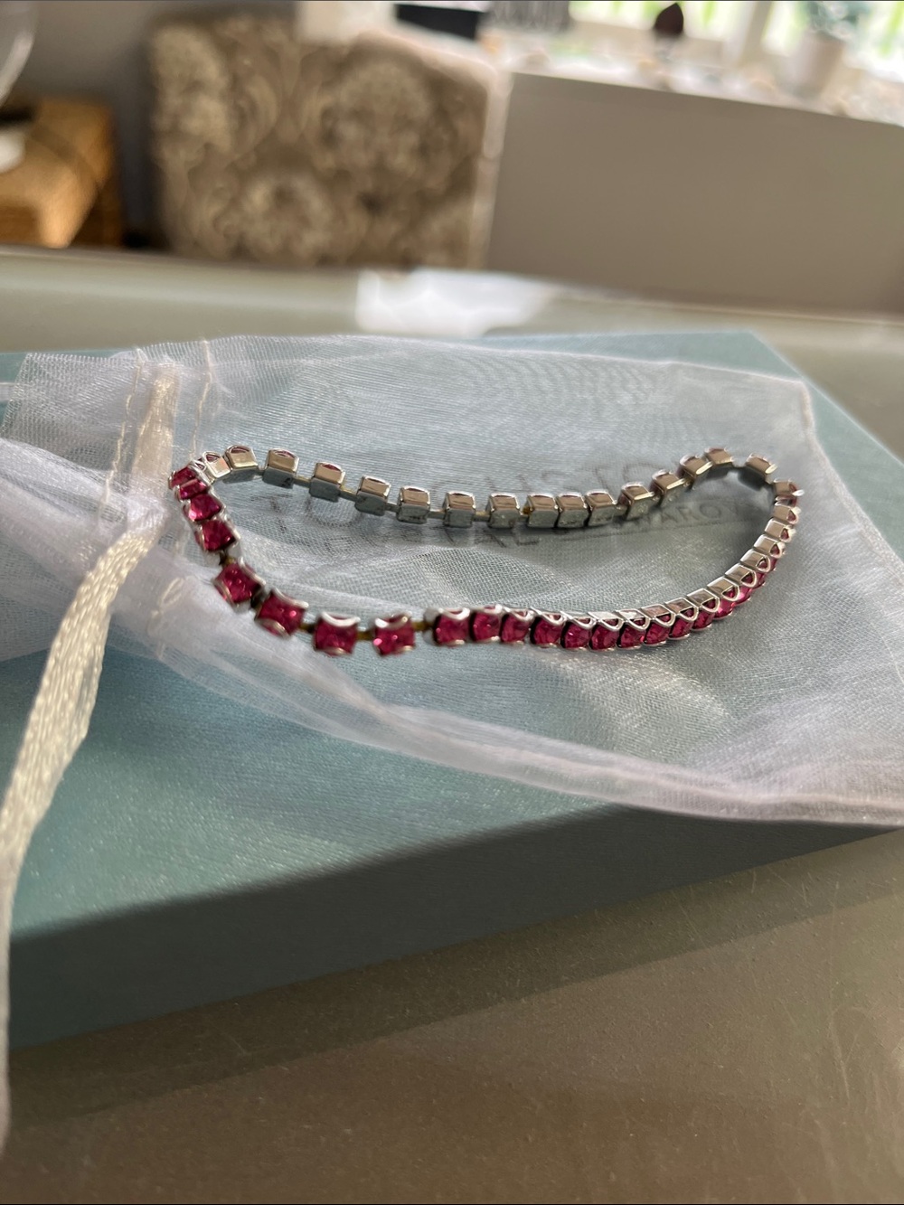 Silver stretch Bracelet with Pink Stones October birthstone